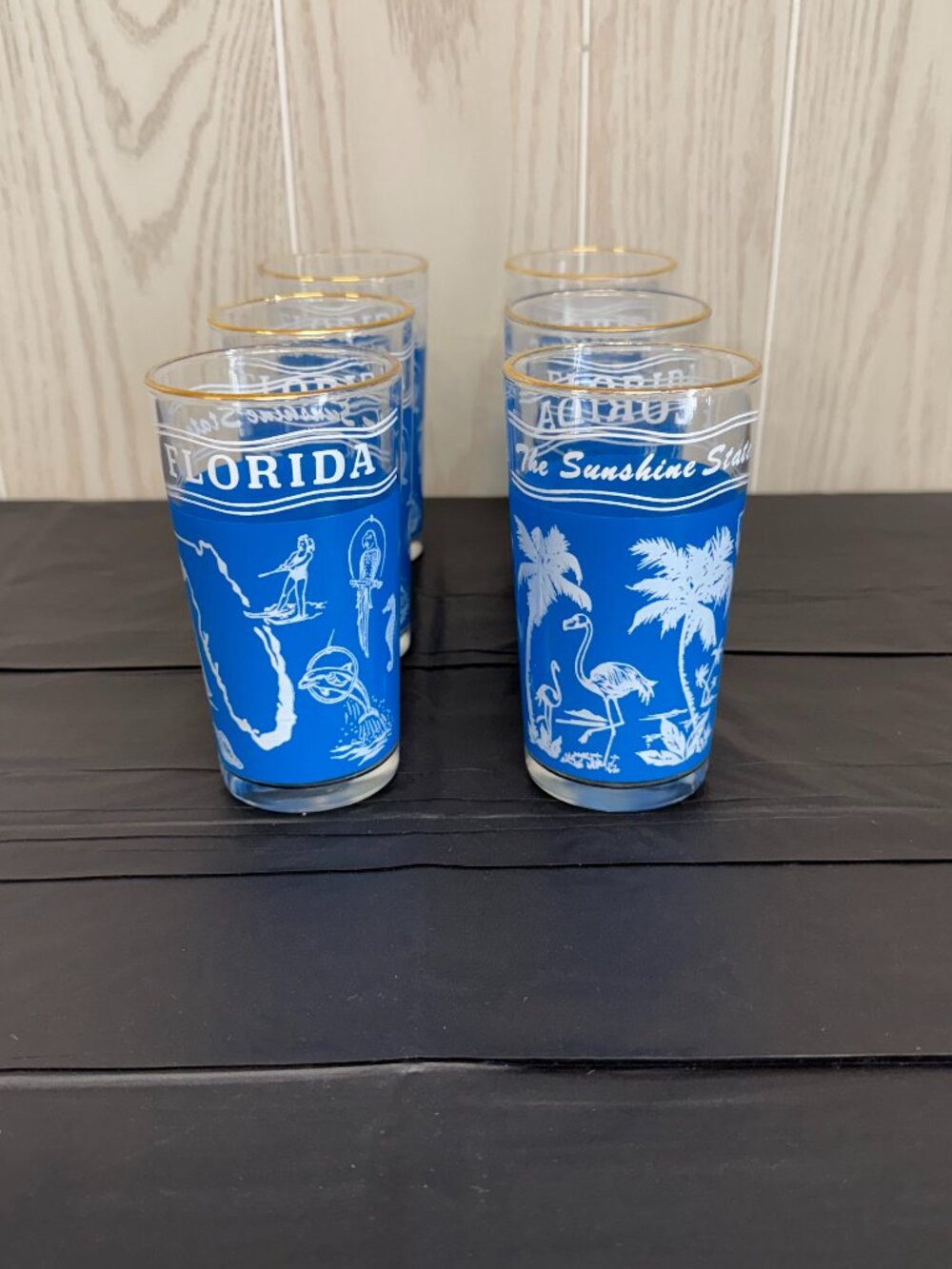 Set of 6 Vintage Florida Sunshine State Blue Souvenir Glasses Gold Rim